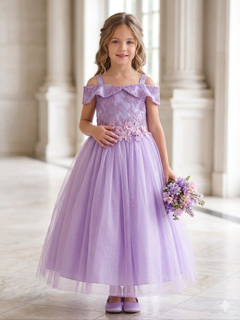 Lilac Floral Applique Off-Shoulder Girls' Party Dress